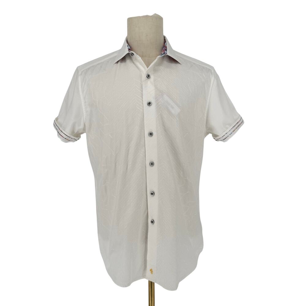 Robert Graham Button Front Short Sleeve Shirt Solid White Embroidered Jacquard M